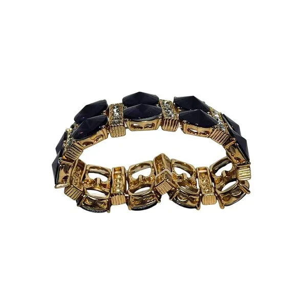 Gold Tone Clear Rhinestone And Purple Rivoli Stretch Bracelet (6243) - Picture 3 of 7